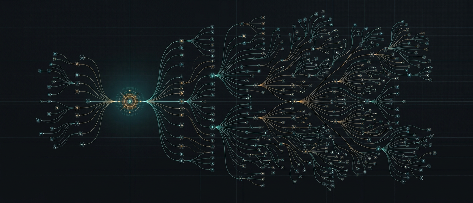 An organizational network of glowing agent nodes branching from a single governing point
