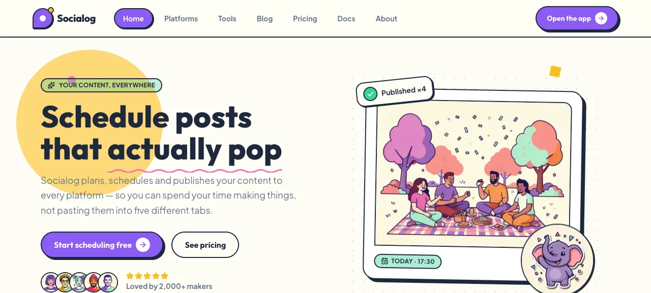 The Socialog landing page — schedule posts that actually pop
